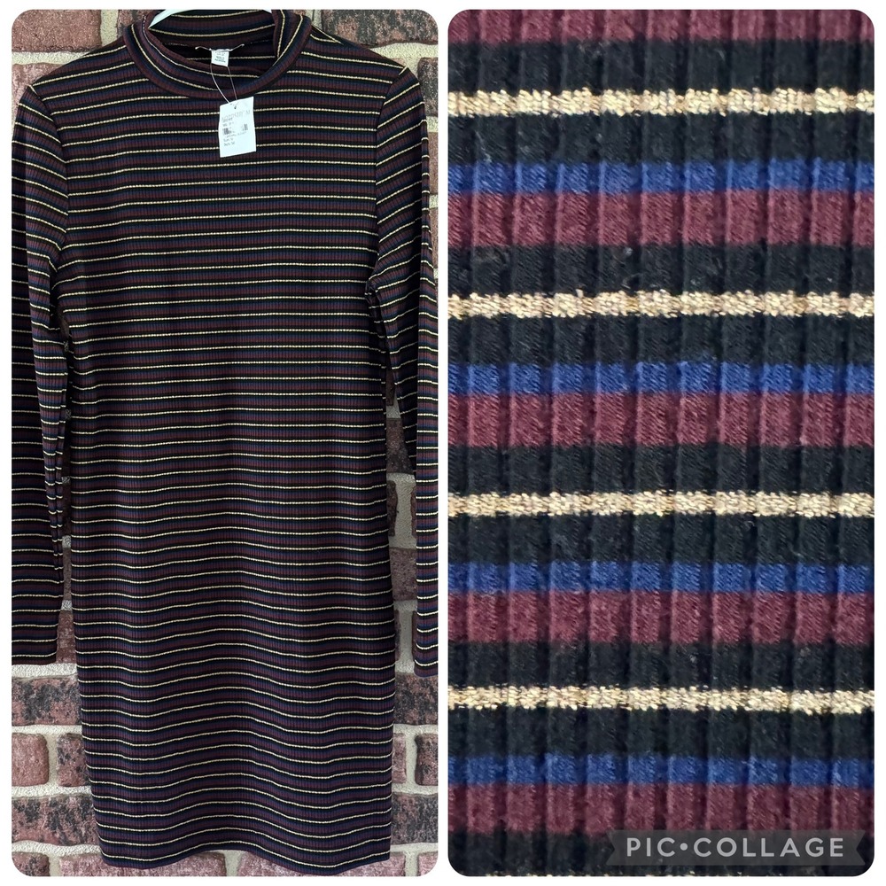 Topshop NWT Striped Ribbed Retro Mock Neck Bodycon Dress 12 NEW Layer Dark Y2K